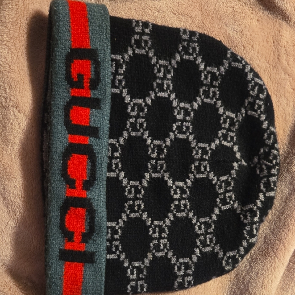 Gucci Black and Gray Patterned Beanie with Red Accent